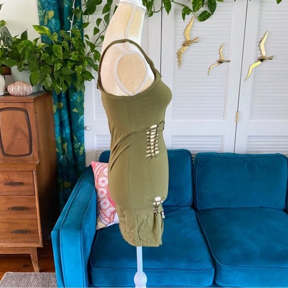 Urban Outfitters UO Slit Cut Out Macrame Mini Dress Olive Army Green New Medium - Picture 9 of 16